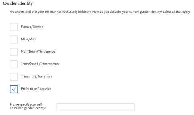 Optional gender identity question screenshot from PharmCAS
